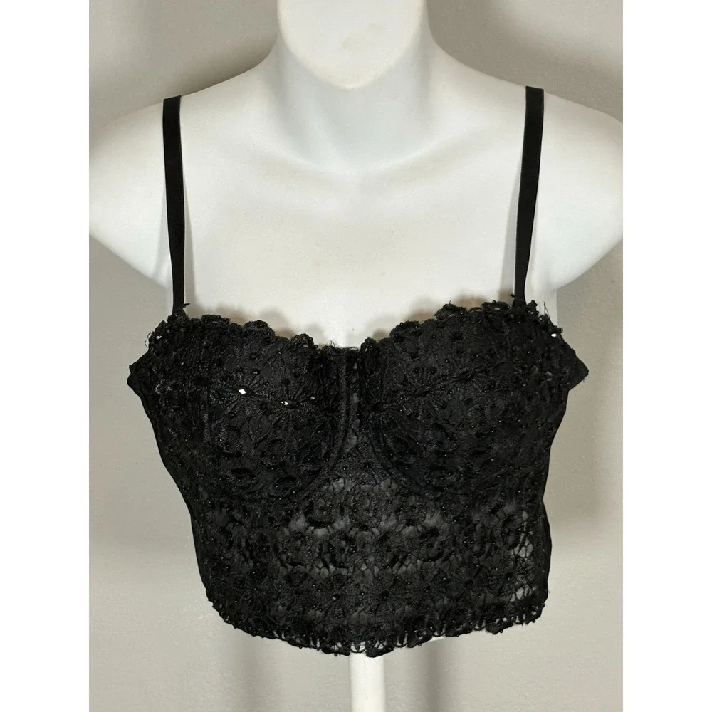Windsor Black Lace Bustier Corset Top DS4017 100% Linen Floral Size L Adjustable